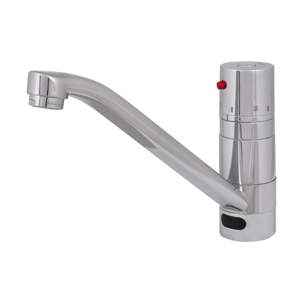 Washbasin and sink thermostatic mixer with elongated spout, 24 V DC