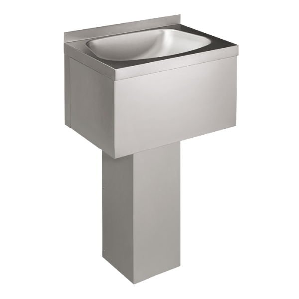 Stainless steel floor standing washbasin with apron, fixed to the wall