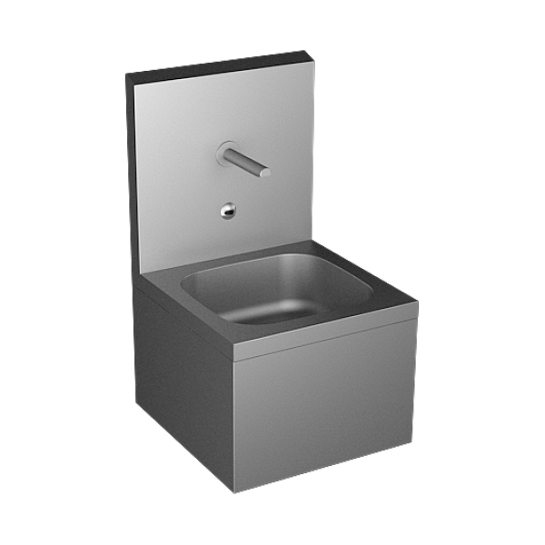 Stainless steel wall hung sink with integrated electronics, 6 V