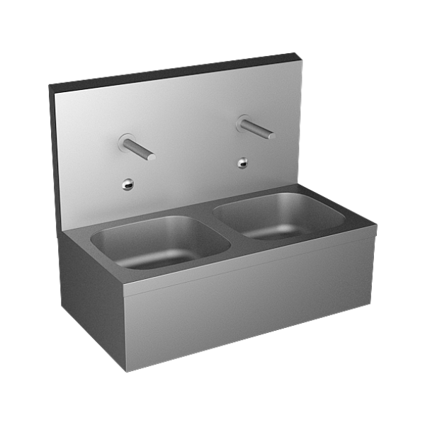 Stainless steel wall hung double sink with integrated electronics, thermostatic mixer, 6 V